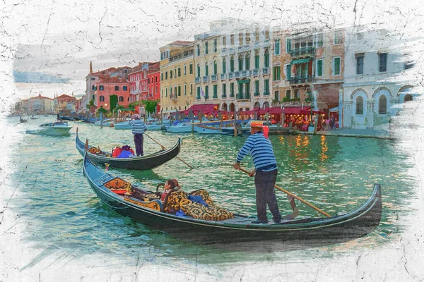 Гондоліанці Пливуть Туристами Гранд Каналі Венеція Аквареллю — стокове фото