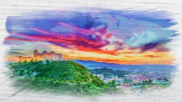 Piękny Zachód Słońca Nad Zamkiem Spoleto Włochy Umbria Malarstwo Akwarelowe — Zdjęcie stockowe