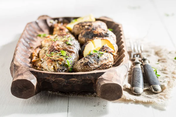 Tasty Homemade Trout Fish Roasted Potatoes Butter — Stock Photo, Image