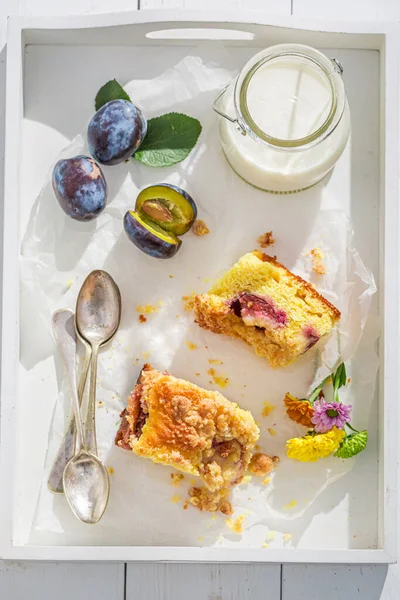 Top View Homemade Plum Cake White Board — Stock Photo, Image