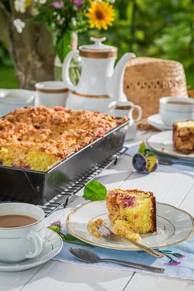 Tasty Homemade Plum Cake Served Coffee Summer Garden — Stock Photo, Image