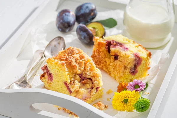 Homemade Fresh Plum Pie White Table — Stock Photo, Image