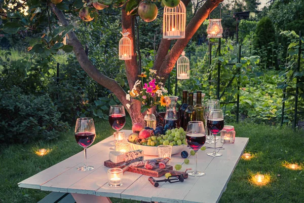 Stunning Table Full Wine Cheese Snacks Dusk Summer — Stock Photo, Image