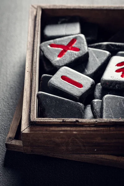 Closeup Magic Rune Stones Celtic Language Old Wooden Box — Stock Photo, Image