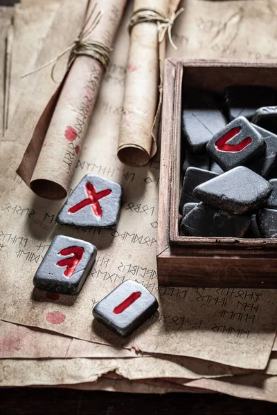 Closeup Vintage Rune Stones Omen Based Futhark Alphabet — Fotografia de Stock