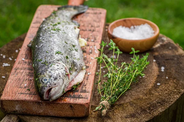 Preparing Fresh Raw Trout Salt Herbs Grilling — Stock Photo, Image