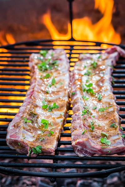 Raw Ribs Spices Grill Fire Summer — Stock Photo, Image