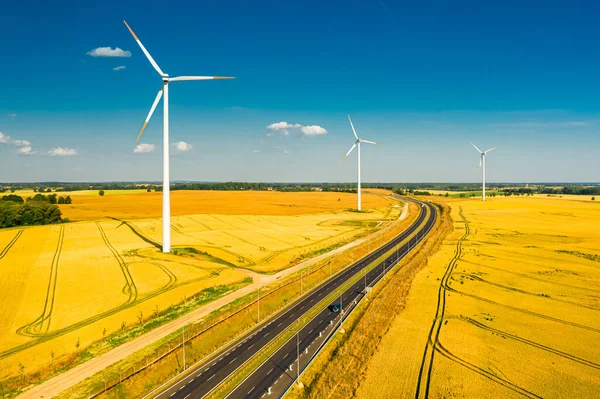 Wind Turbines Golden Field Highway Aerial View Poland — Stock Photo, Image