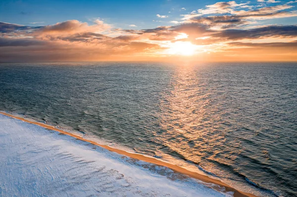 Hel Peninsula Snowy Beach Winter Sunrise Baltic Sea Poland Aerial — Stock Photo, Image