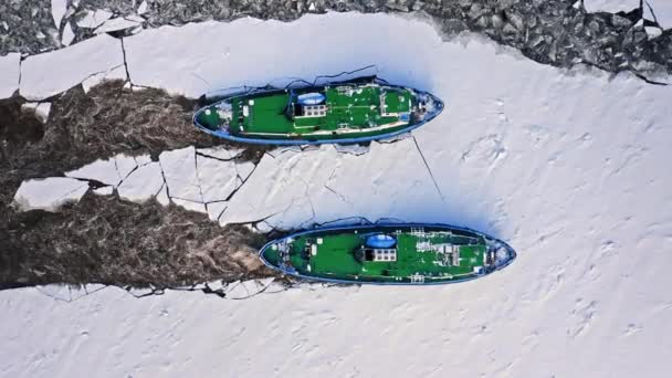 Dos rompehielos cerca de Wloclawek aplastan el hielo, 2020-02-18, Polonia — Vídeo de stock