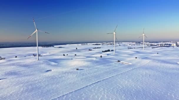 Turbinas eólicas no campo nevado. Energia alternativa, Polónia. — Vídeo de Stock