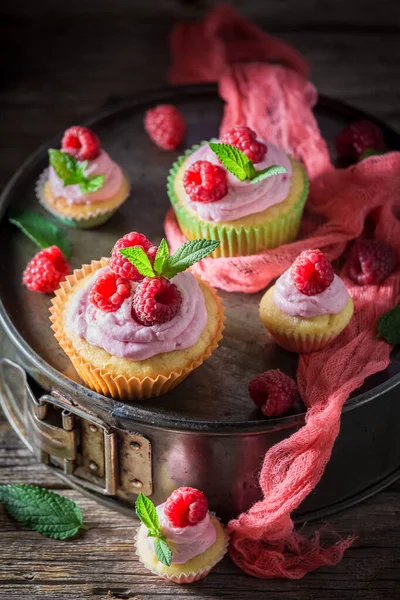 Pink Muffin Made Cream Fruits Vanilla Cupcake Fruit Homemade Sweets — Stock Photo, Image