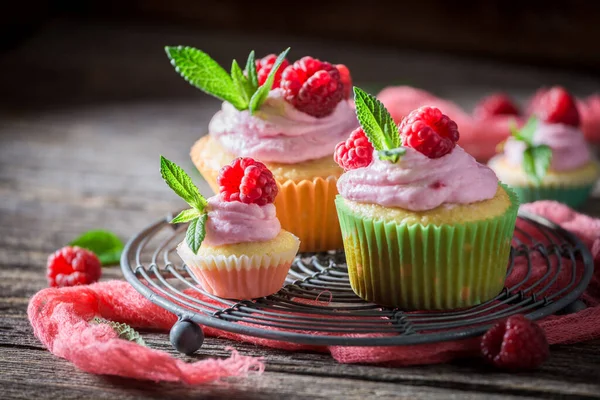 Roze Frambozen Cupcake Met Room Fruit Vanille Cupcake Met Fruit — Stockfoto