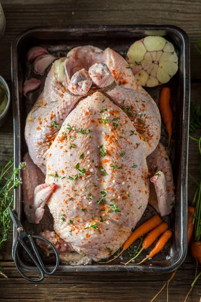 Ingredients Roasted Chicken Vegetables Roasted Whole Chicken Herbs — Stock Photo, Image