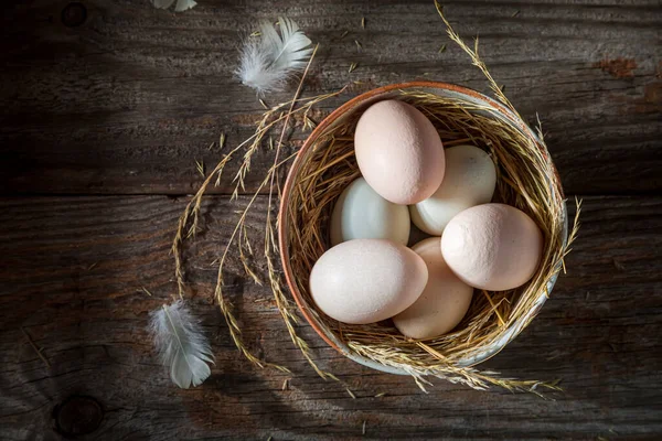 Eieren Van Vrije Uitloop Eieren Met Hooi Veren — Stockfoto