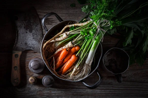 Legumes Saudáveis Para Sopa Ingredientes Para Caldo Saudável Com Cenouras — Fotografia de Stock