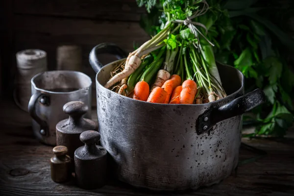 Healthy Vegetables Soup Preparation Broth Parsley Carrots Leek — Stock Photo, Image