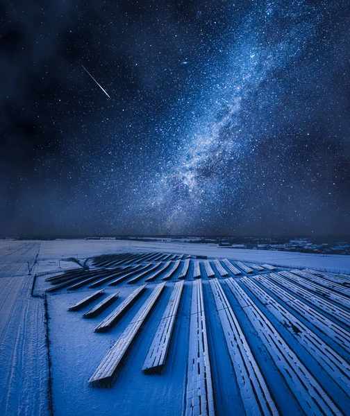 Milky Way Photovoltaic Farm Winter Alternative Energy Poland Aerial View — Stock Photo, Image