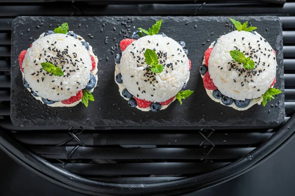 Sweet Sush Burger Blueberries Raspberries Stone Plate Japanese Cuisine — Stock Photo, Image