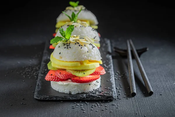 Unique Sush Burger Fresh Tropical Fruits Stone Plate Japanese Cuisine — Stock Photo, Image