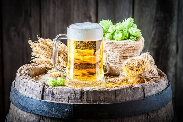Yarım Litre Köpüklü Bira Buğday Şerbetçiotu Bira Endüstrisi Tahta Fıçıda — Stok fotoğraf