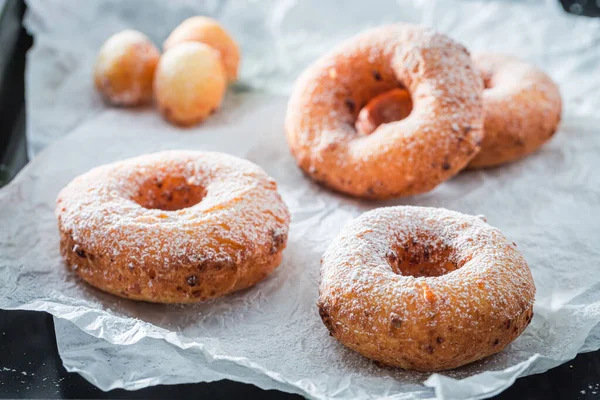 Closeup Homemade Donuts Powdered Sugar Homemade Pastries Donuts Fat Thursday — Stock Photo, Image