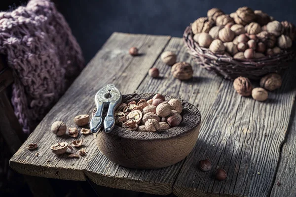 Nuts Rustic Wooden Table Rustic Table Hazelnuts Walnuts Walnuts Old — Stock Photo, Image