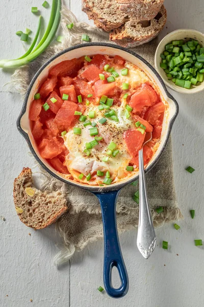 Homemade Shakshuka Served Wholemeal Bread Tunisian Cuisine Perfect Breakfast — Stok fotoğraf