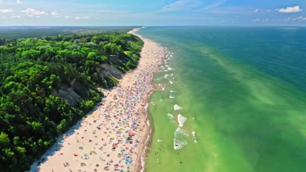 Zatłoczona plaża nad Morzem Bałtyckim. Widok z lotu ptaka, Polska. — Wideo stockowe