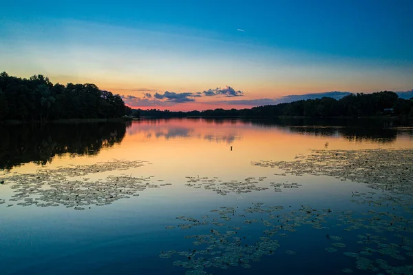 Pôr Sol Acima Lago Vista Aérea Natureza Polónia Pôr Sol — Fotografia de Stock