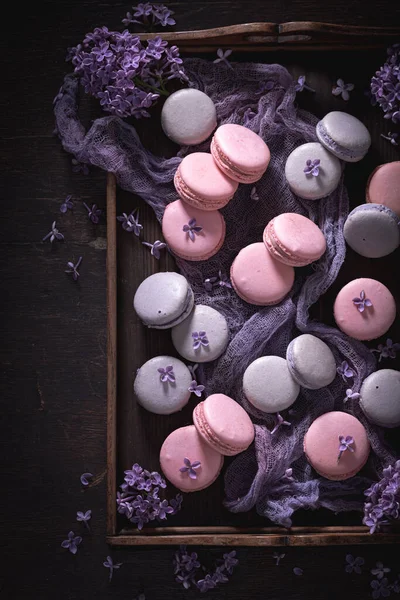 Macaroons Saborosos Sabor Lilás Conceito Sobremesa Para Verão Fundo Bonito — Fotografia de Stock