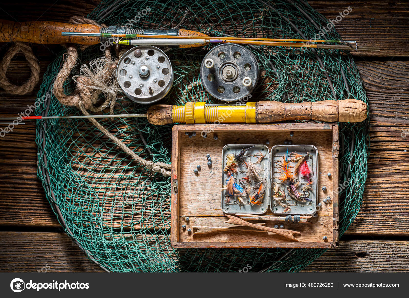 Vintage Fishing Equipment Flies Rods Fishing Preparation Old Wooden  Workshop — Stock Photo © Shaiith79 #480726280