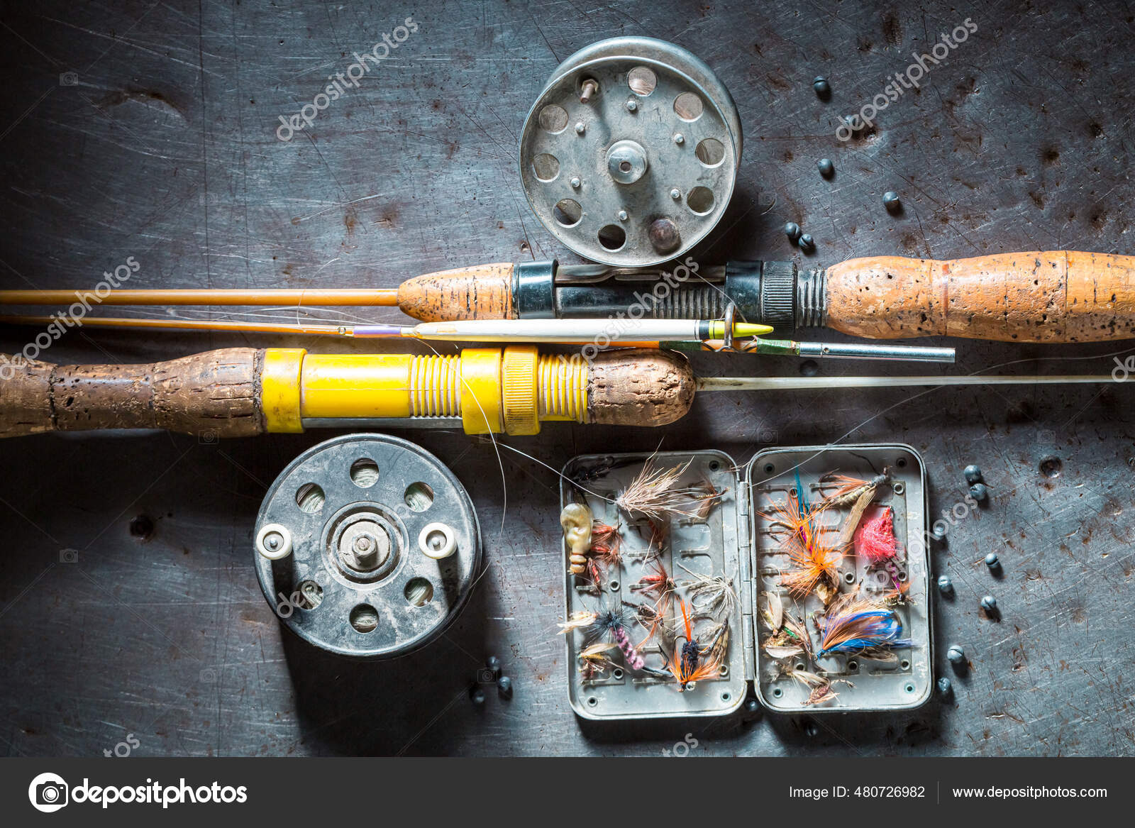 Vintage Fishing Tackle Flies Rods Fishing Preparation Old Wooden Workshop  Stock Photo by ©Shaiith79 480726982
