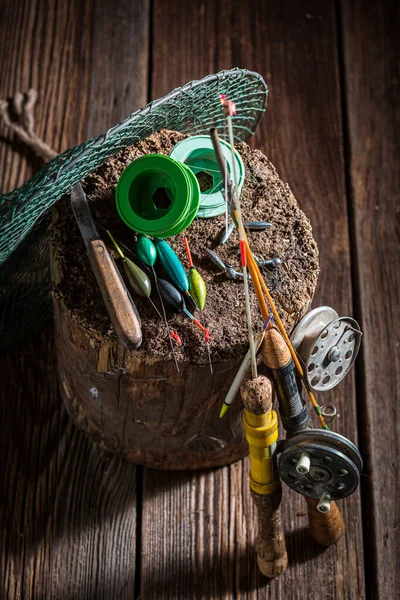 Retro Stuff Angler Floats Hooks Fishing Equipment Old Wooden Workshop — Stock Photo, Image
