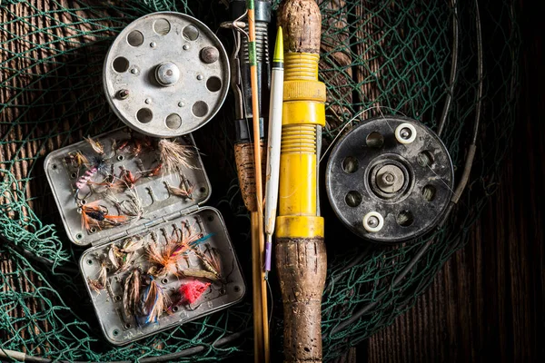 Antiguo Aparejo Pesca Con Moscas Cañas Preparación Pesca Antiguo Pescador — Foto de Stock