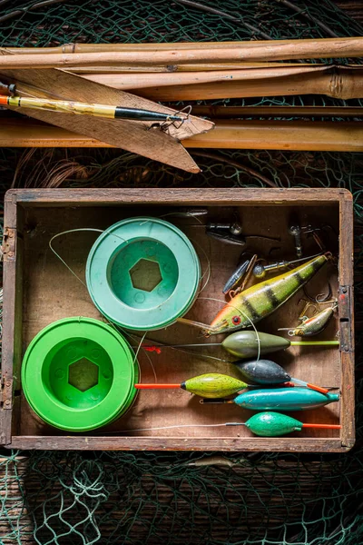 Fabriqué Main Pour Pêcheur Avec Flotteurs Crochets Préparation Pêche Vieux — Photo