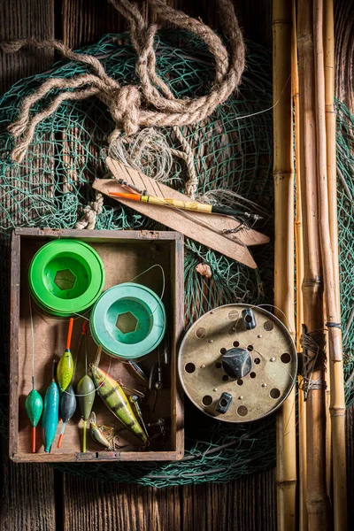 Equipamento Pesca Vintage Com Flutuadores Ganchos Preparação Pesca Velho Pescador — Fotografia de Stock