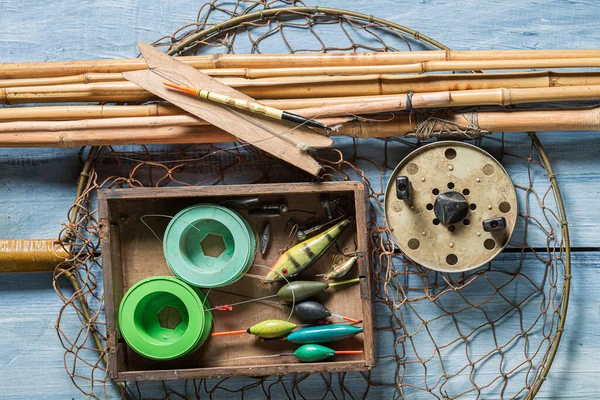 Vintage Angler Equipment Rods Net Fishing Flies — Stock Photo © Shaiith79  #196512256