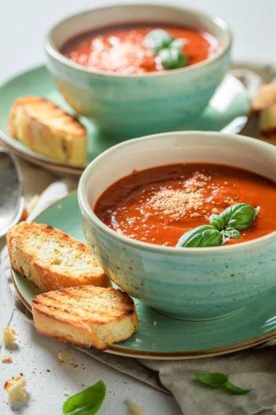 美味的西红柿汤 配上烤面包和罗勒 汤与克劳顿 蓝陶器红番茄汤 — 图库照片