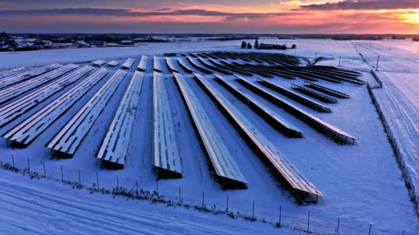 Kışın fotovoltaik çiftlik. Alternatif enerjinin havadan görünümü — Stok video