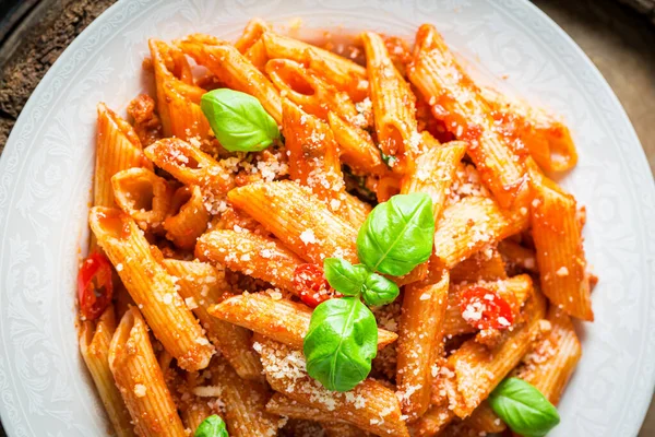 Enjoy Your Penne Bolognese Parmesan Basil Italian Cuisine Fresh Pasta — Stock Photo, Image