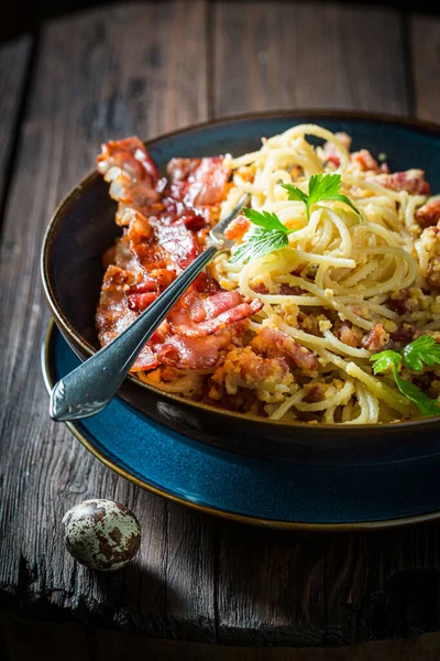 Tasty Spaghetti Carborana Made Becon Eggs Classic Italian Dinner Italian — Stock Photo, Image