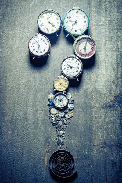 Questions Mark Arranged Clocks Parts Old Clock — Zdjęcie stockowe