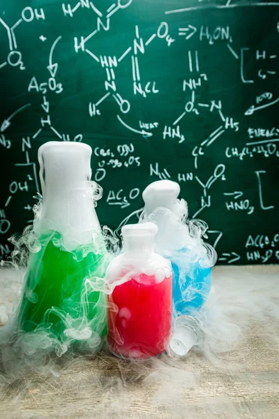 Old School Laboratory Beakers Chemical Formula Practical Chemistry Classes — Stock Fotó