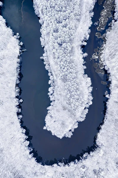 冬には見事な川と凍結雪の森 ポーランド ヨーロッパの空中ビュー — ストック写真