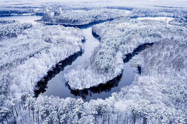 Inverno Rio Sinuoso Floresta Nevada Vista Aérea Vida Selvagem Polônia — Fotografia de Stock