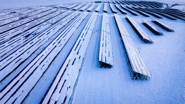 Альтернативная Энергия Зимой Снежная Фотоэлектрическая Ферма Зимой Вид Воздуха Природу — стоковое фото