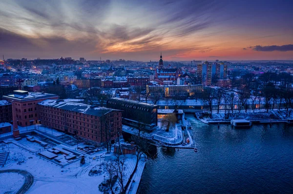 Bydgoszcz Brda Bij Zonsondergang Winter Luchtfoto Van Polen Winter — Stockfoto