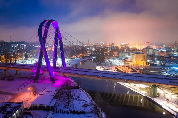 Brücke Über Den Fluss Brda Bei Nacht Universitätsstraße Bydgoszcz Luftaufnahme — Stockfoto