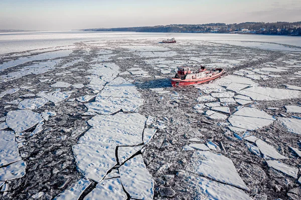 Icebreakers Breaking Ice River Winter Plock Aerial View Nature Winter — Stock Photo, Image